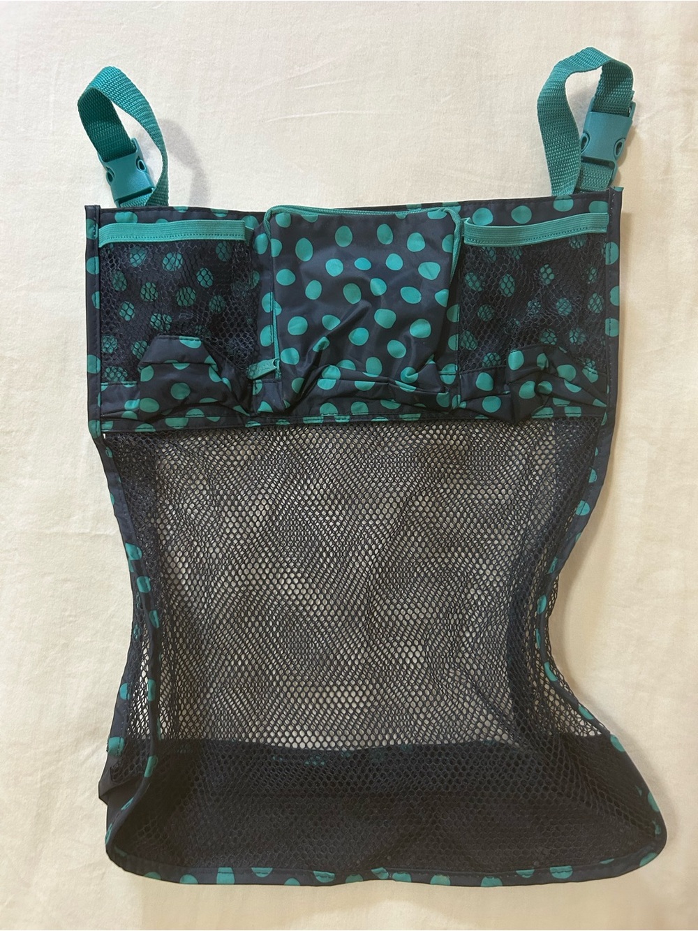 thirty-one Teal Polka Dot Hanging Car Headrest Organizer Mesh Caddy